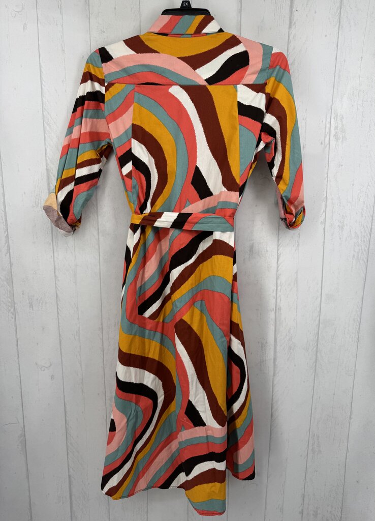 S tall 3/4 slv abstract geometric print button maxi shirt dress w/ belt