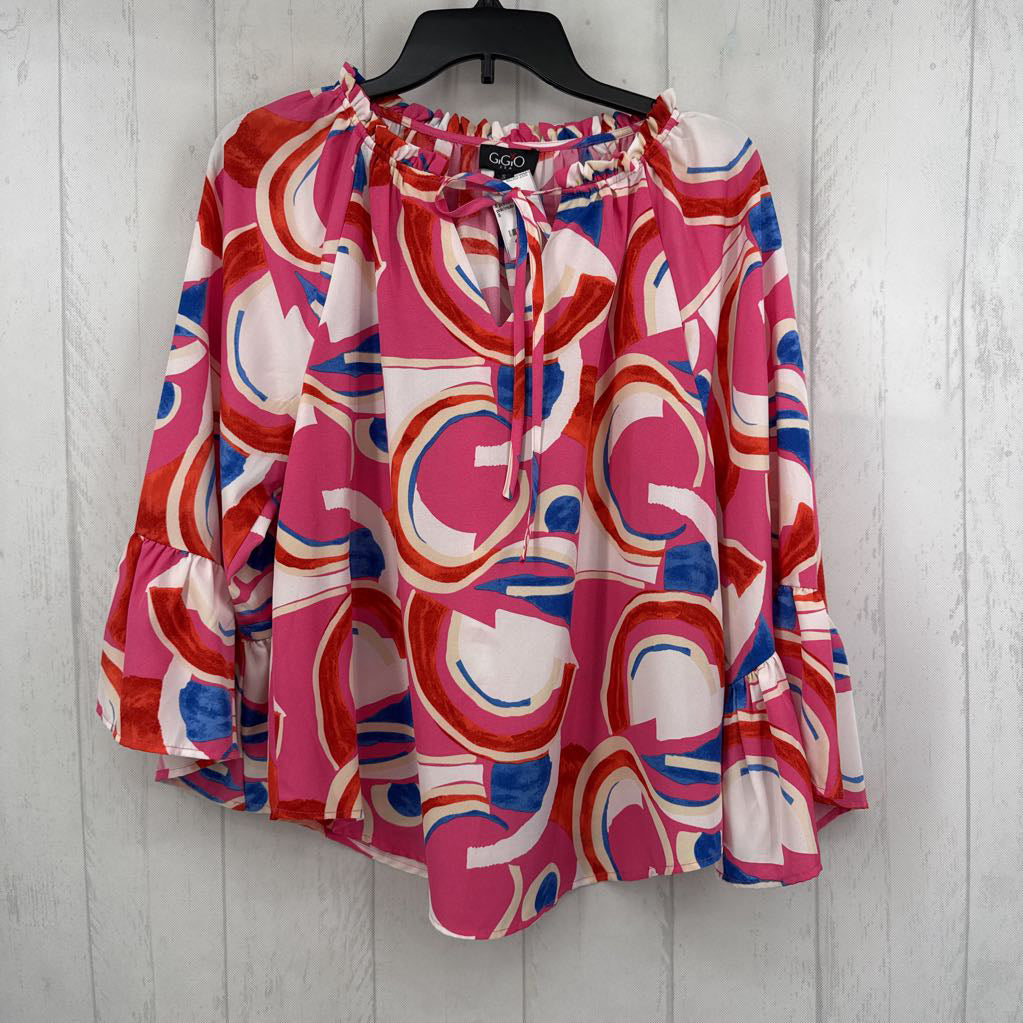 S printed tie front flare slv top