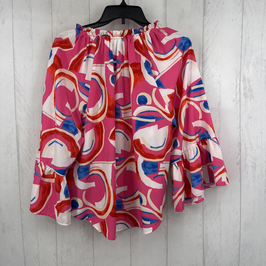 S printed tie front flare slv top