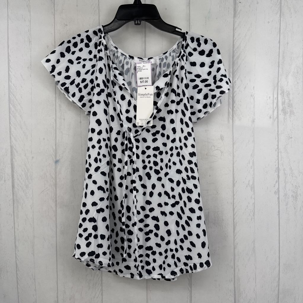 S animal print tie front flutter slv top s/s
