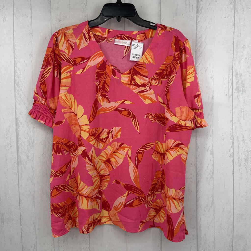 L leaf print v-neck s/s top