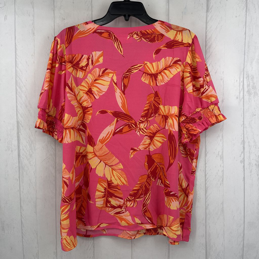 L leaf print v-neck s/s top