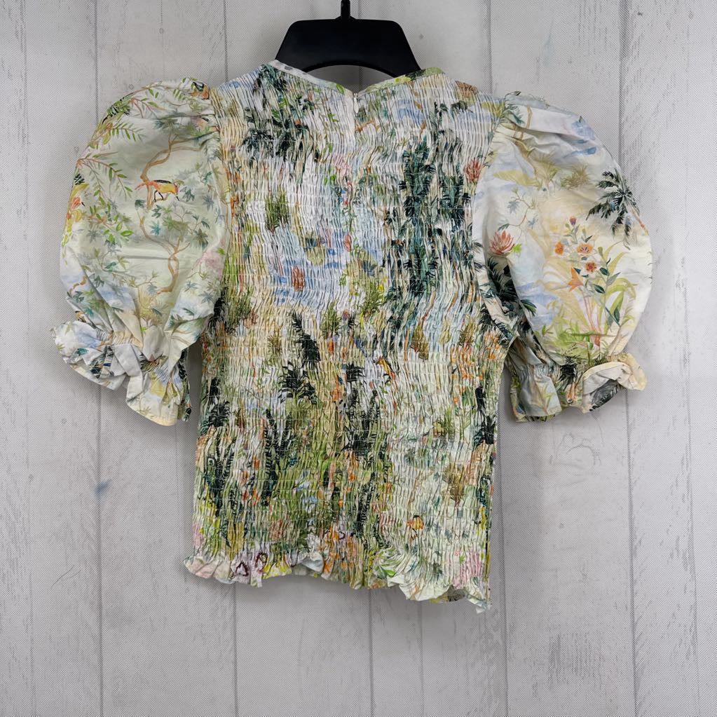 2 smocked flo print s/s top