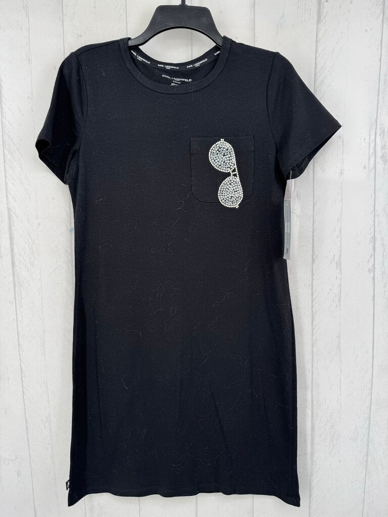 S s/s sequin/beaded sunglasses graphic on pocket dress