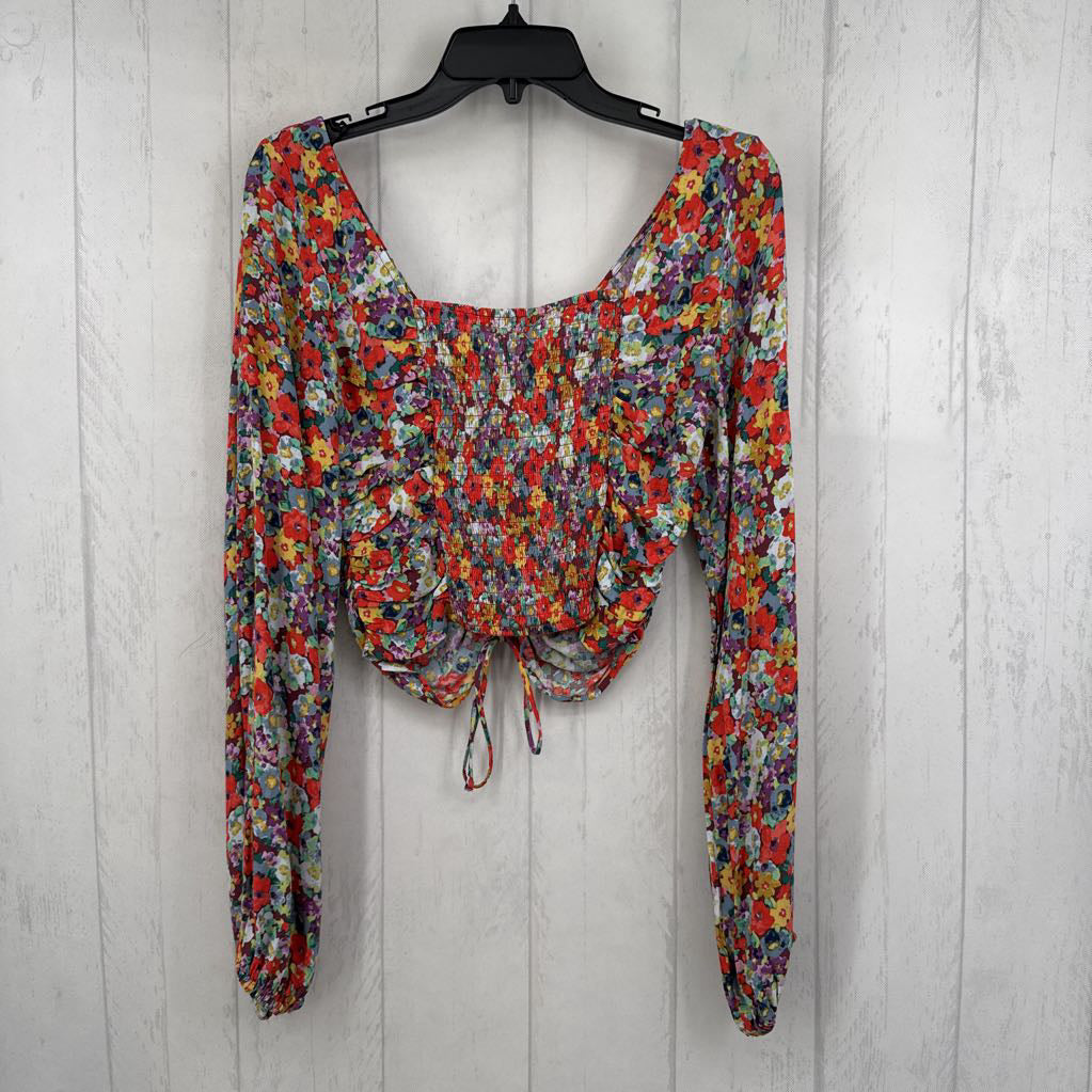 S ruched flo print l/s crop top
