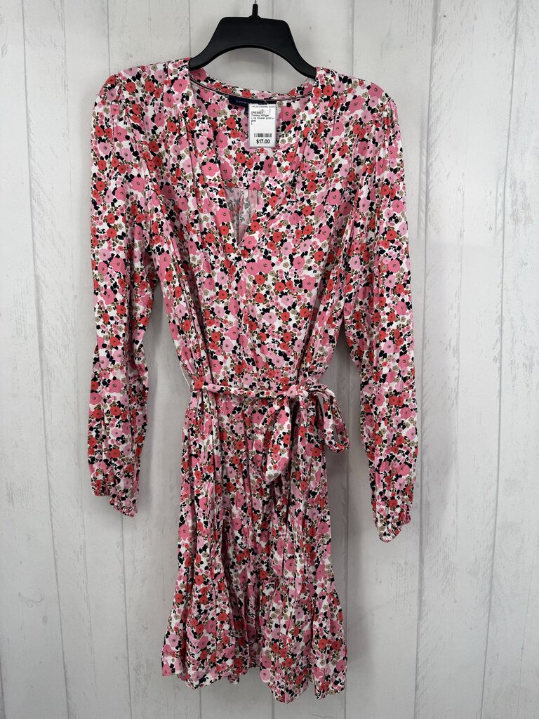 L l/s flower print v-neck dress w/ belt