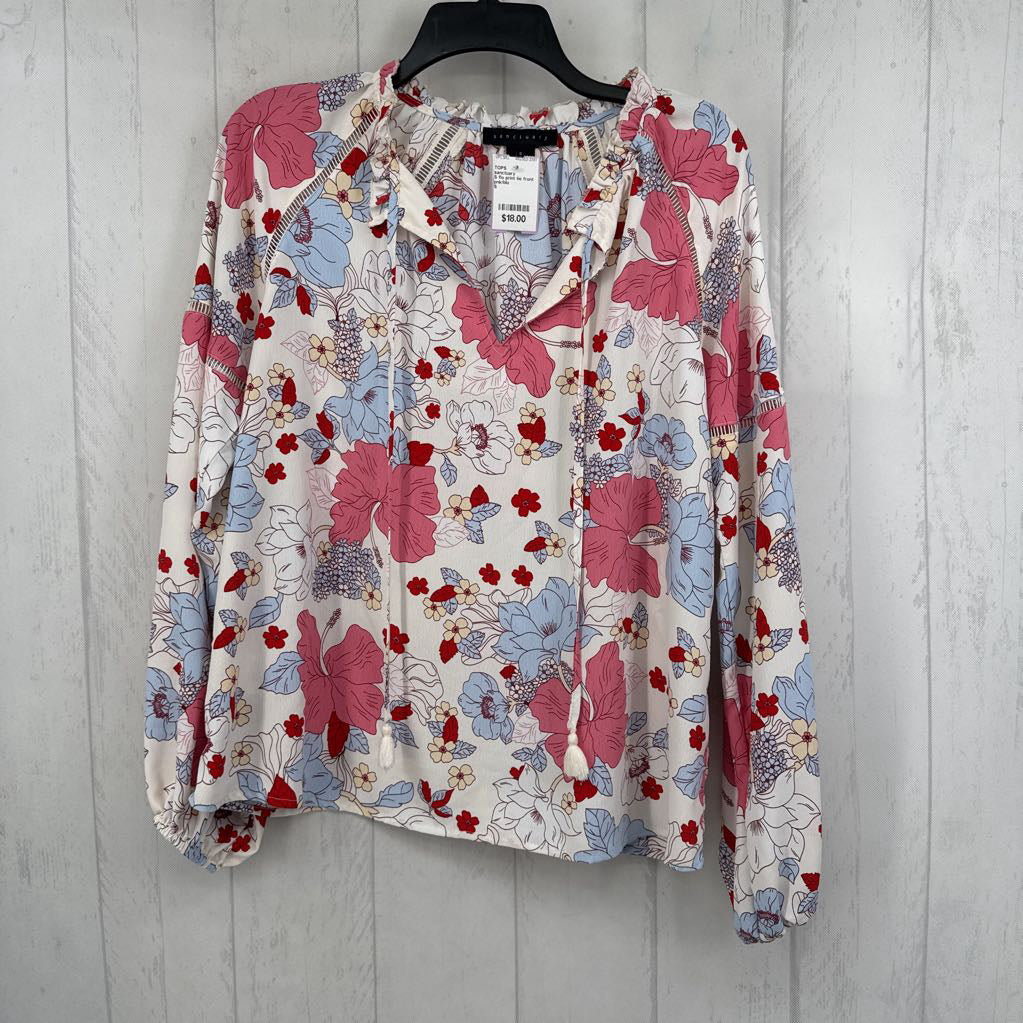 S flo print tie front l/s top