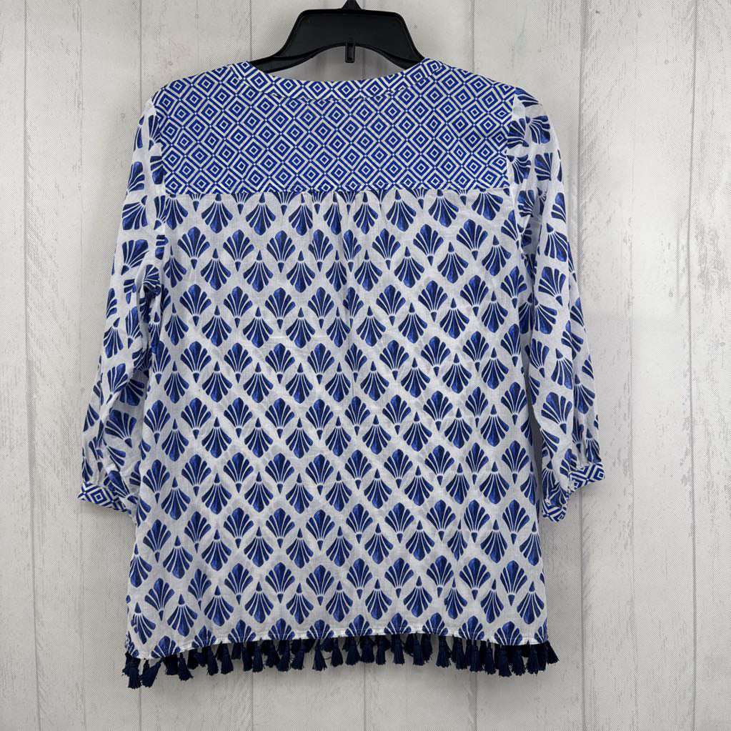 Sp printed split neck tassle hem 3/4 slv top