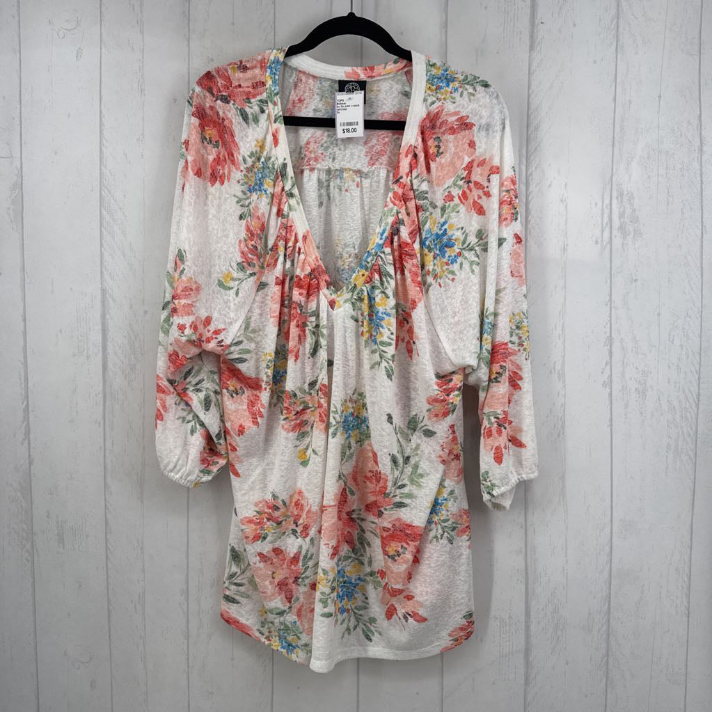 3x flo print v-neck 3/4 slv top