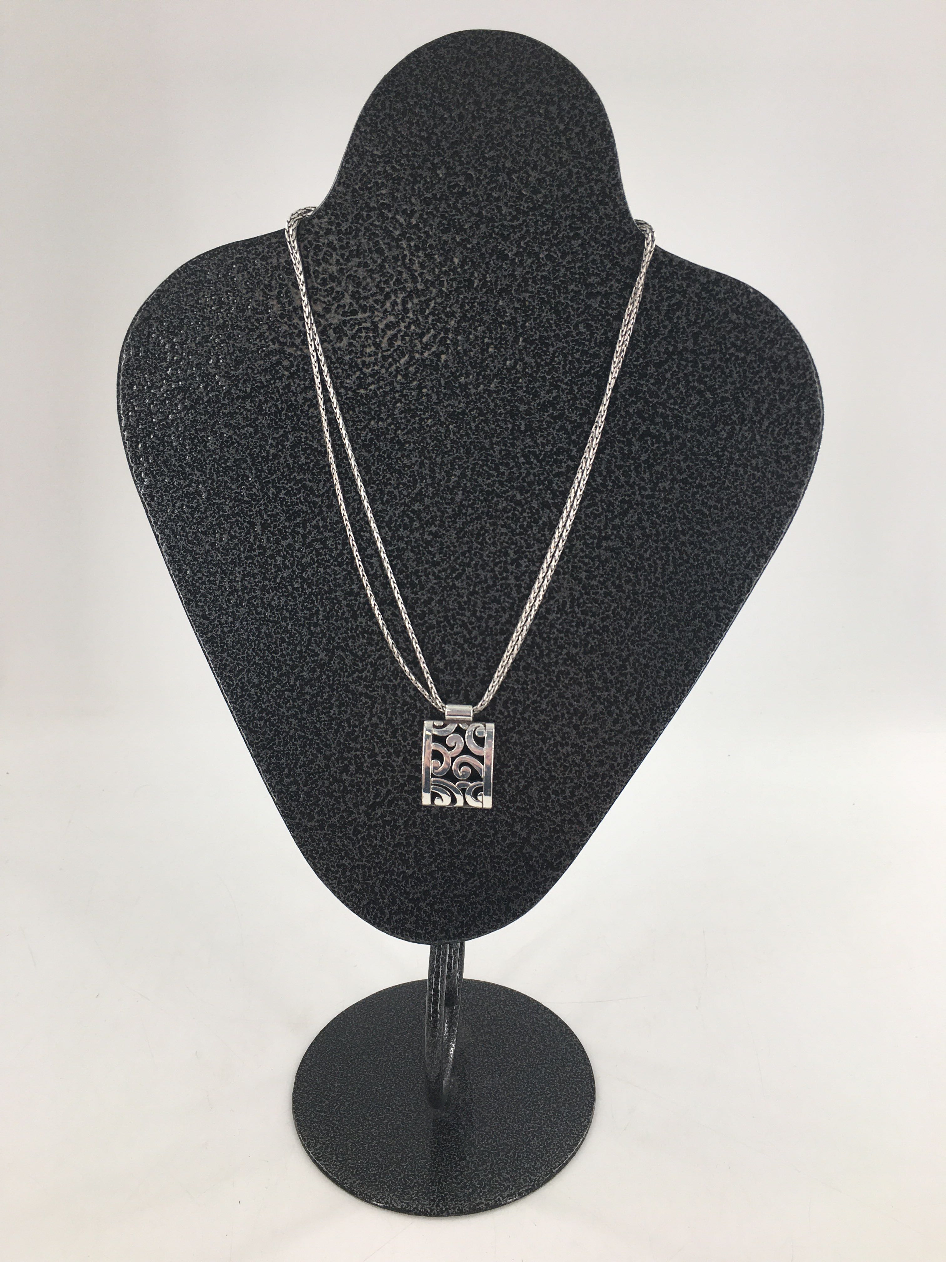 12" silver scroll rectangular pendant necklace
