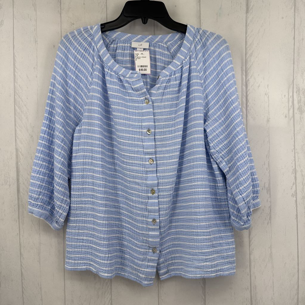 M gauze striped button down 3/4 slv top