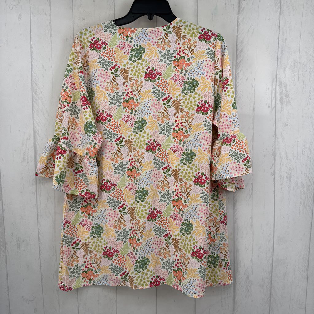S flo print open front ruffle slv cover-up
