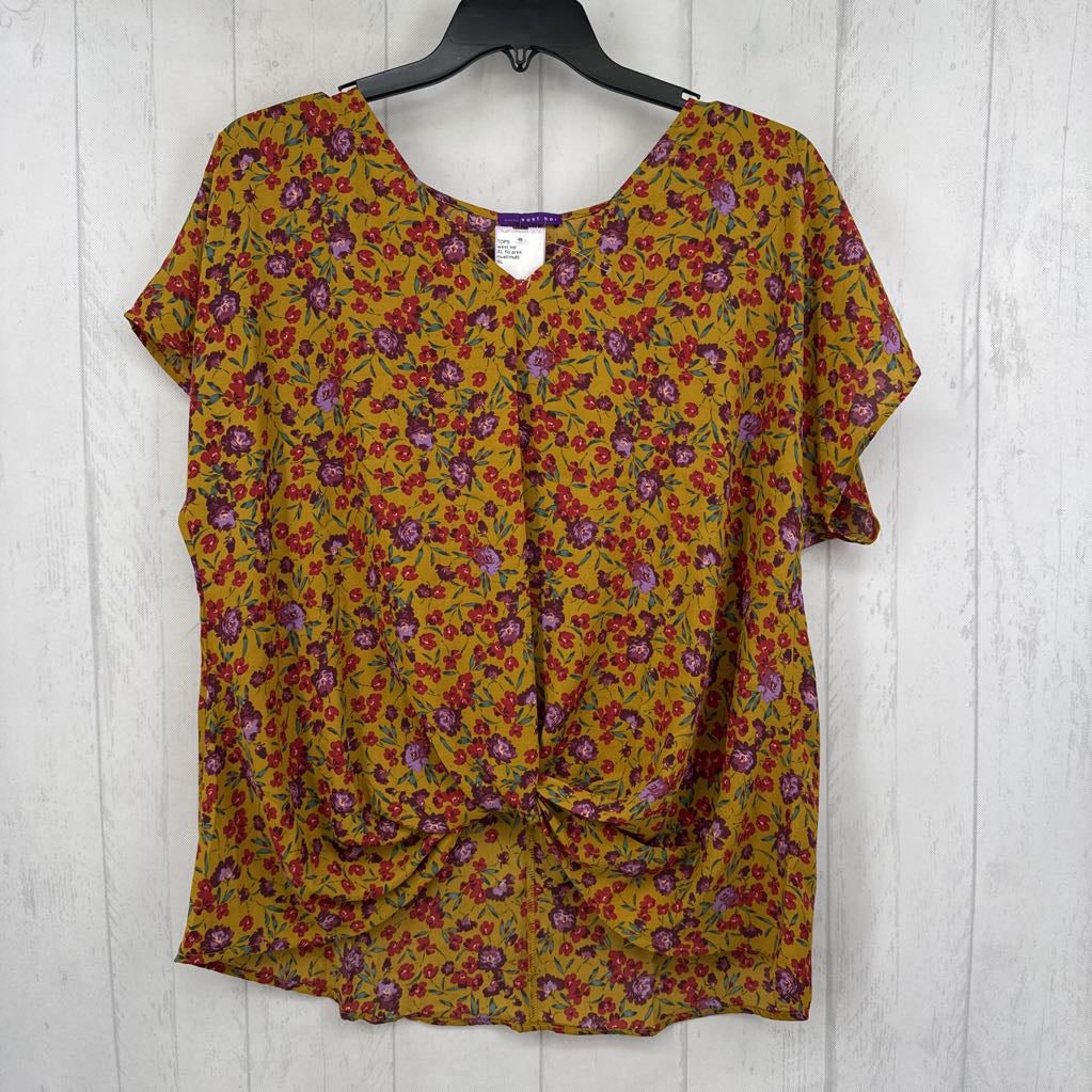 XL flo print gathered hem s/s top