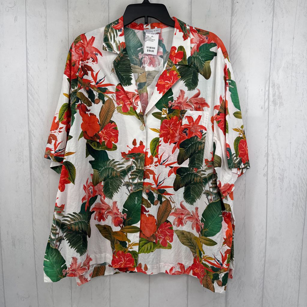 M tropical floral print button down s/s top