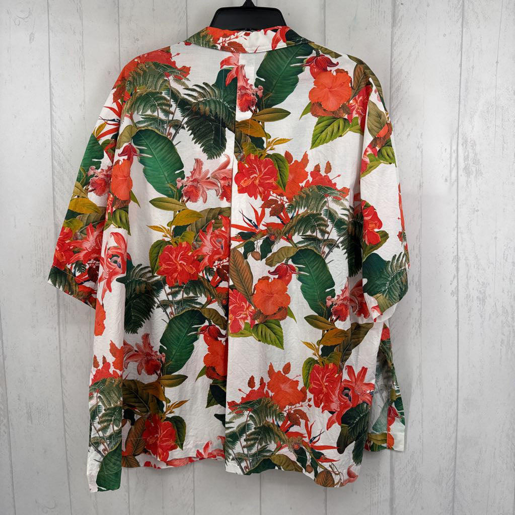 M tropical floral print button down s/s top