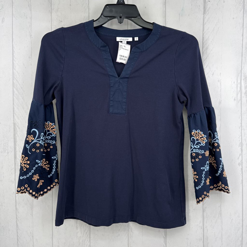 S flo embroidered slv split neck top