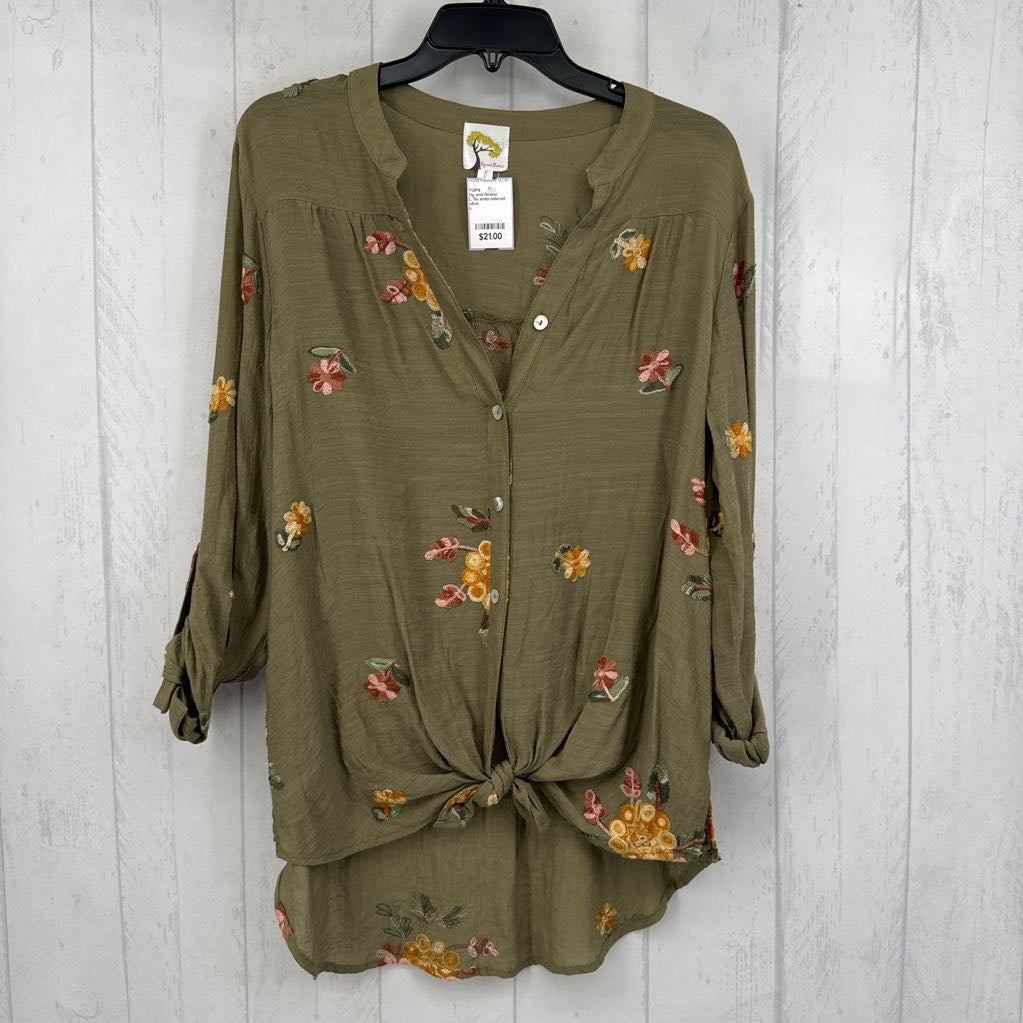 L flo embroidered button down 3/4 slv top