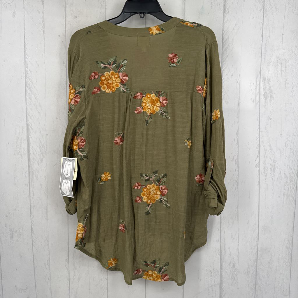 L flo embroidered button down 3/4 slv top