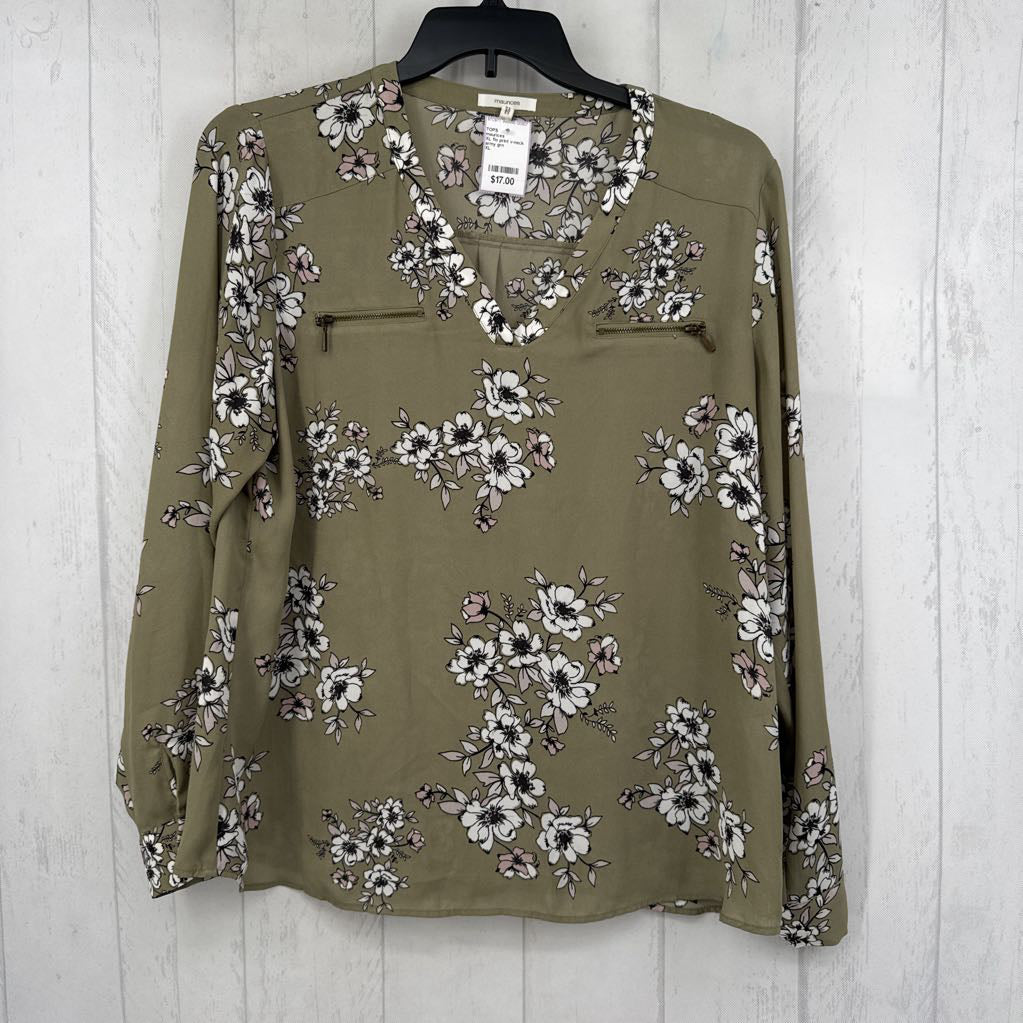 XL flo print v-neck l/s top