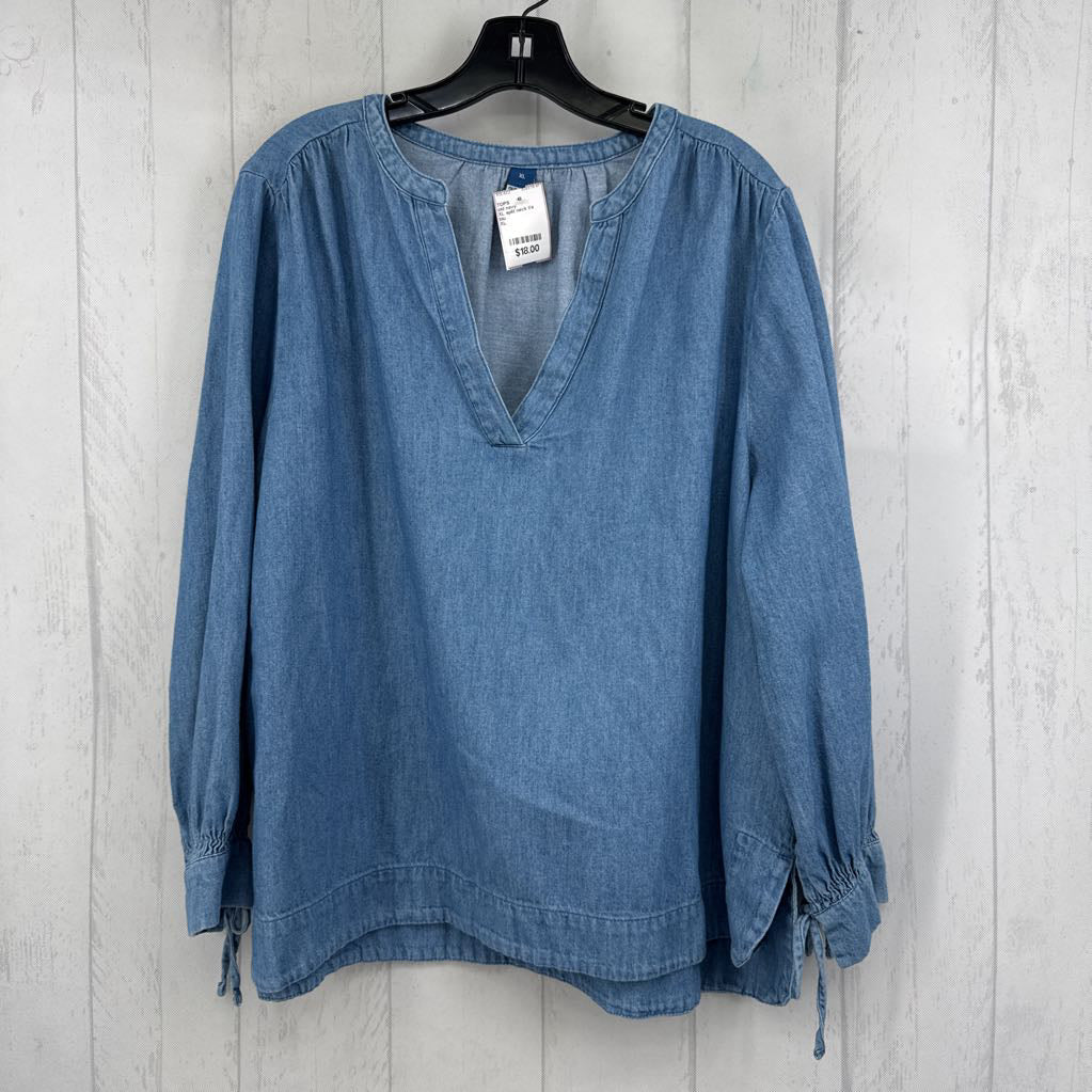 XL split neck l/s denim top