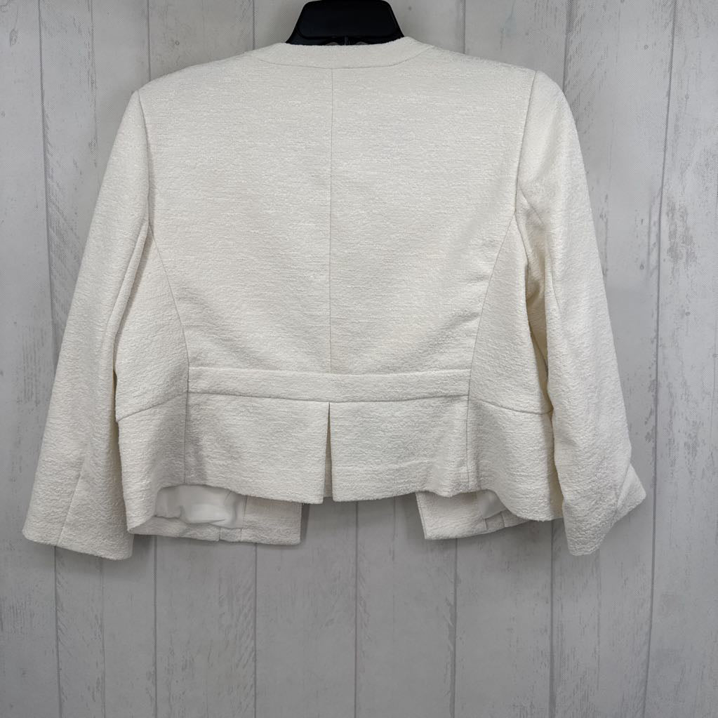 L textured open front peplum blazer