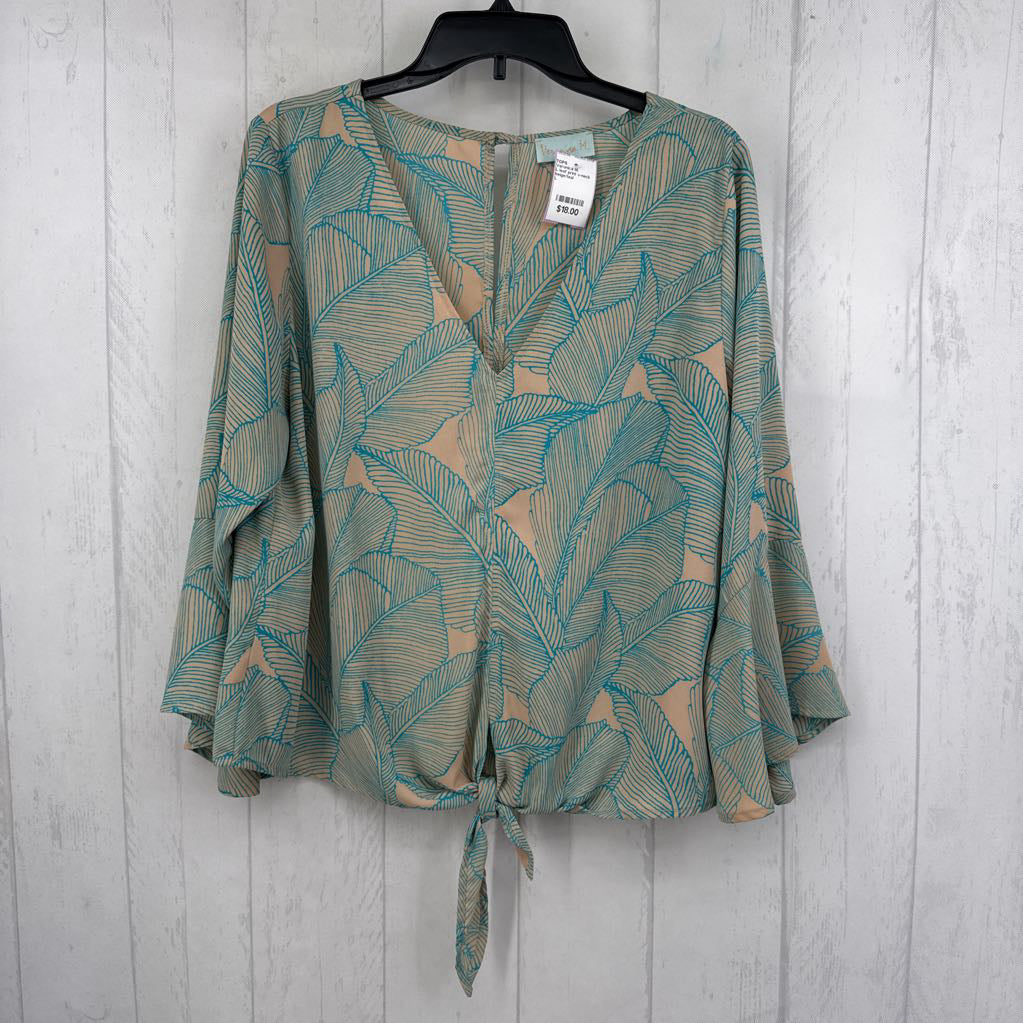 L leaf print v-neck tie hem flutter slv top