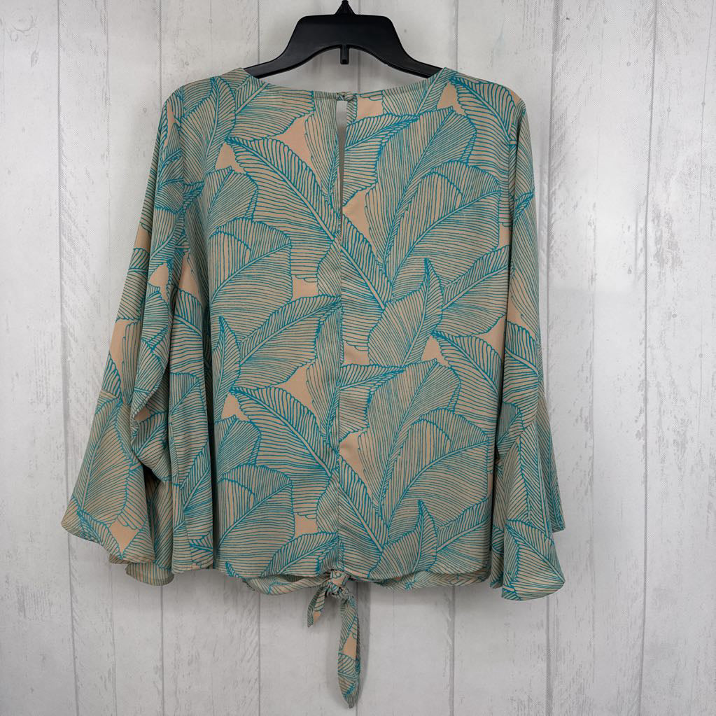 L leaf print v-neck tie hem flutter slv top