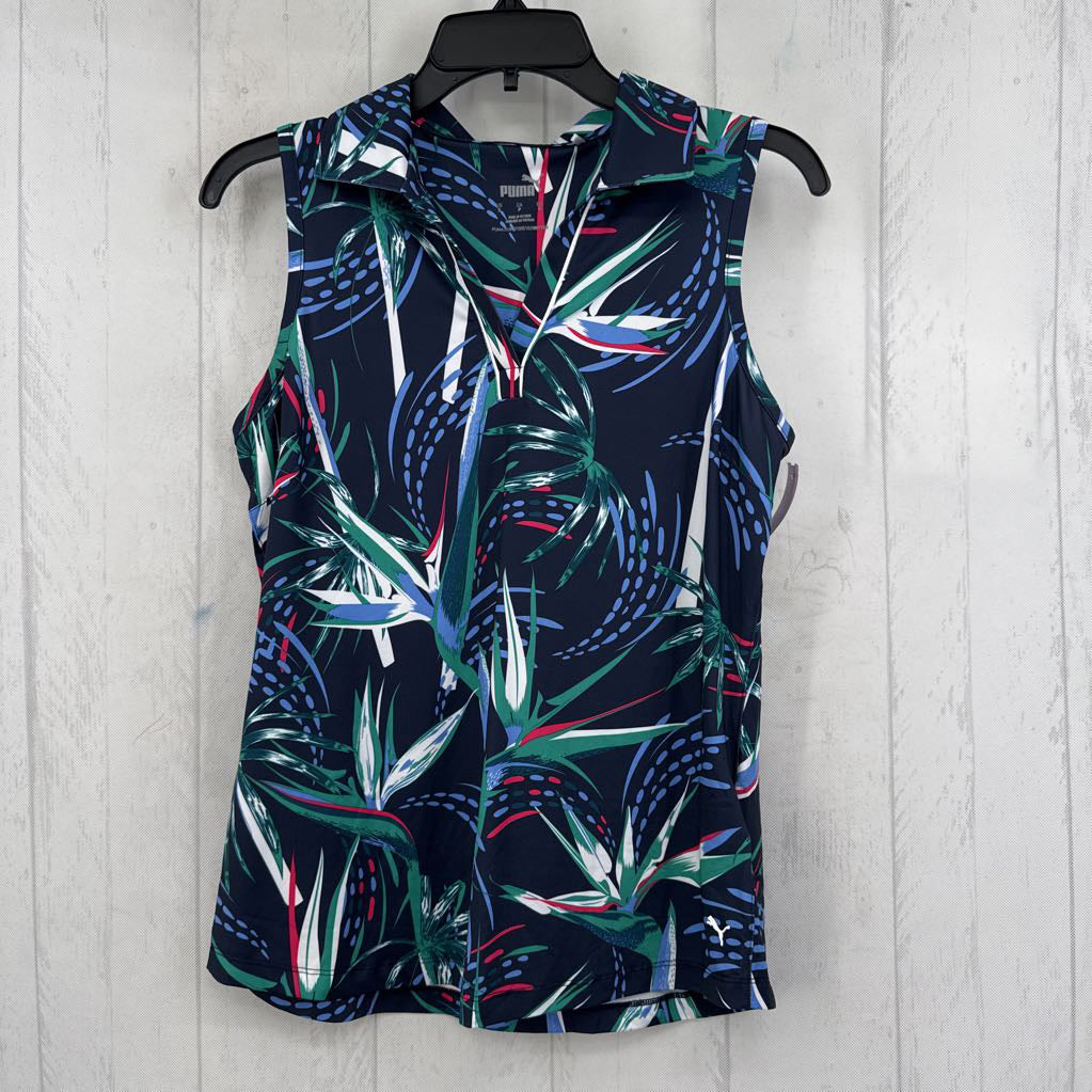 S leaf print split neck slvls polo