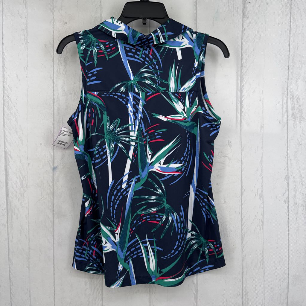 S leaf print split neck slvls polo