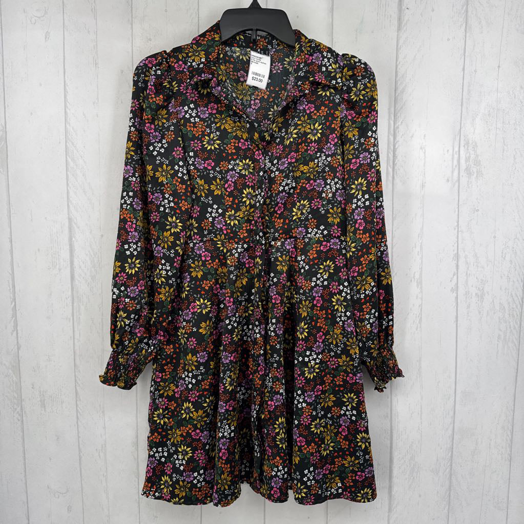 S flo print button down l/s dress