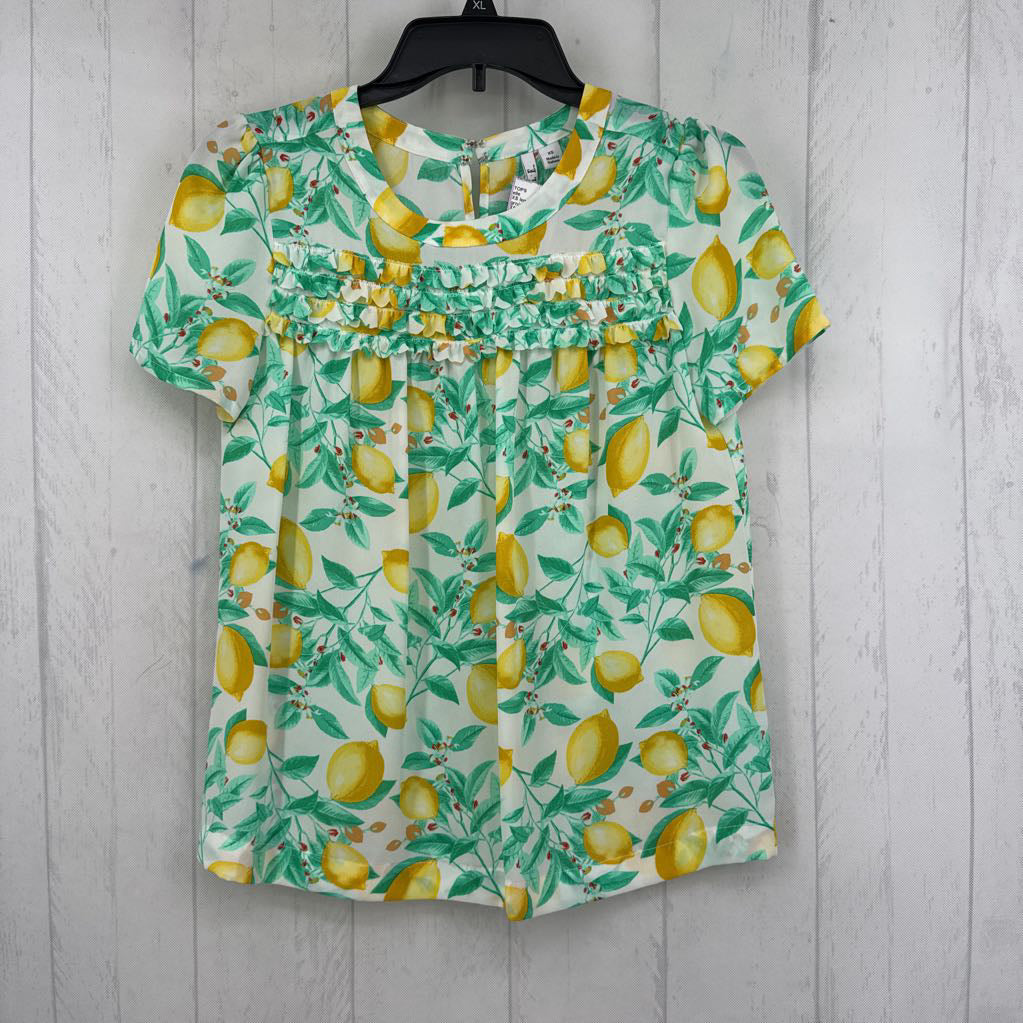 XS lemon print ruffled s/s top
