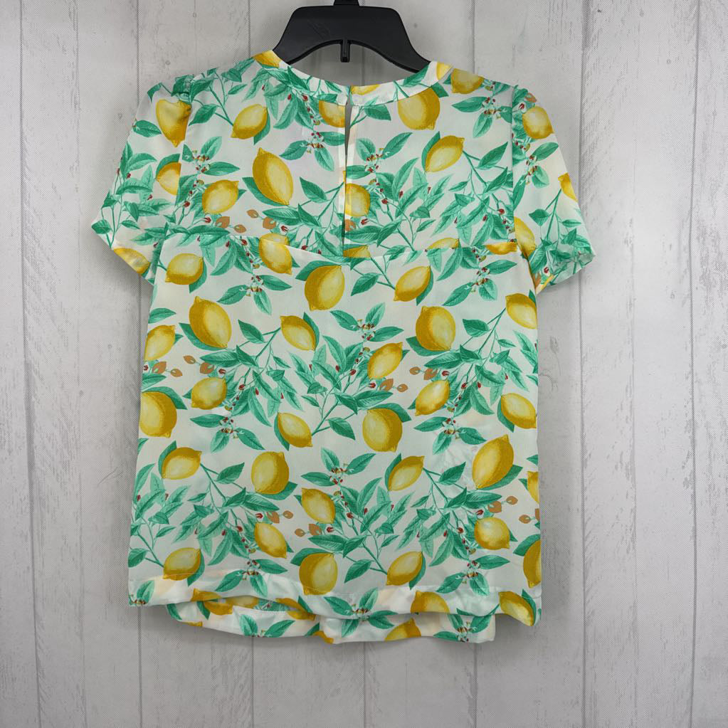 XS lemon print ruffled s/s top