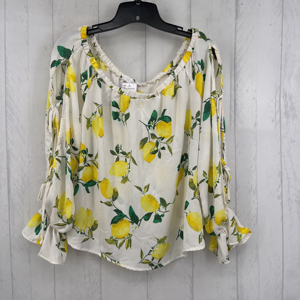 L lemon print bow slv top l/s