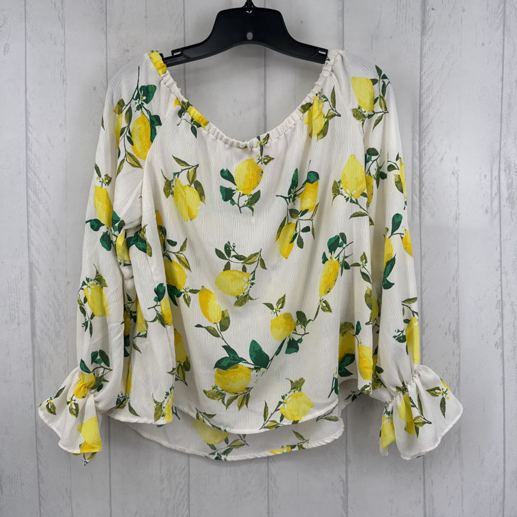 L lemon print bow slv top l/s