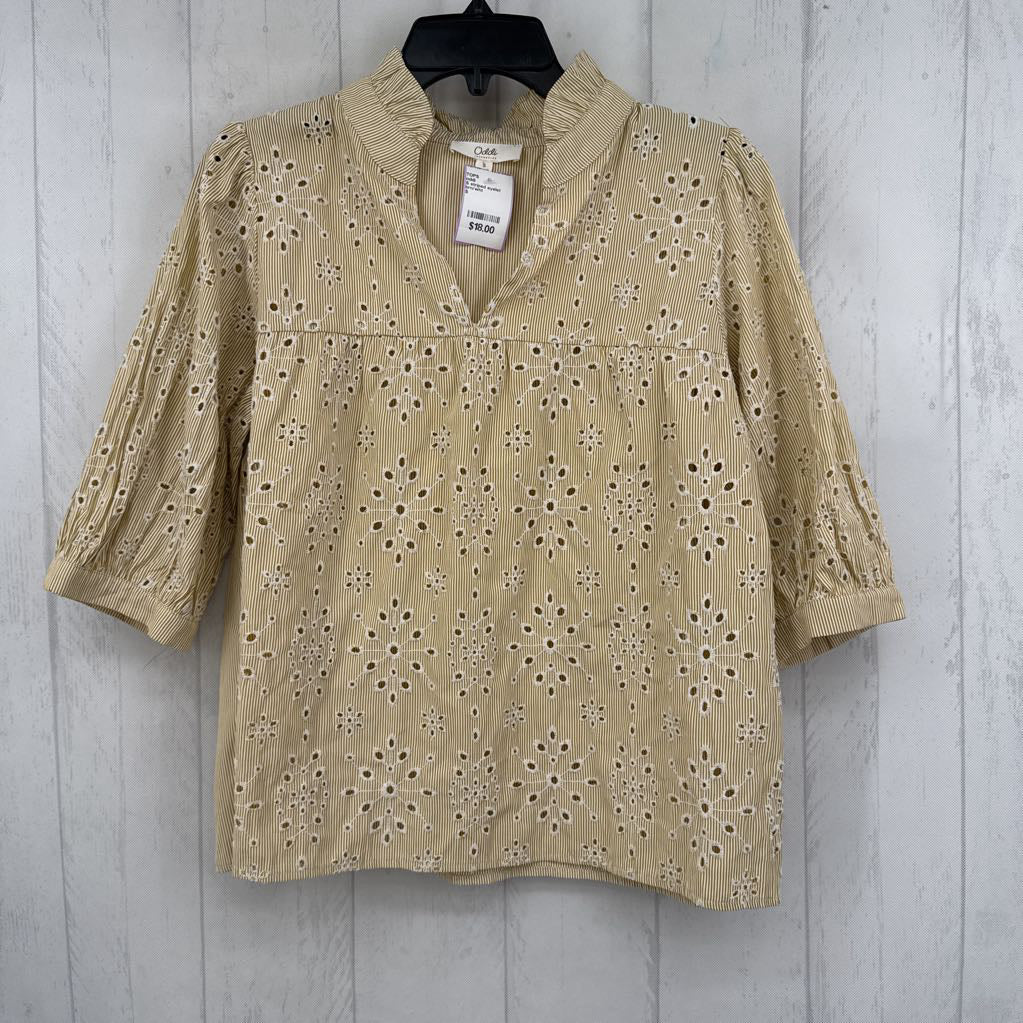 S striped eyelet split neck 3/4 slv top