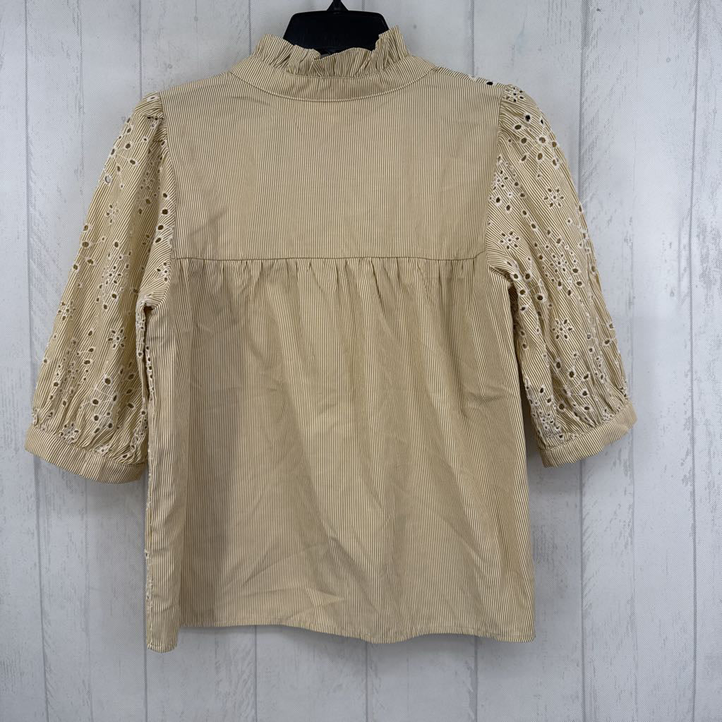 S striped eyelet split neck 3/4 slv top