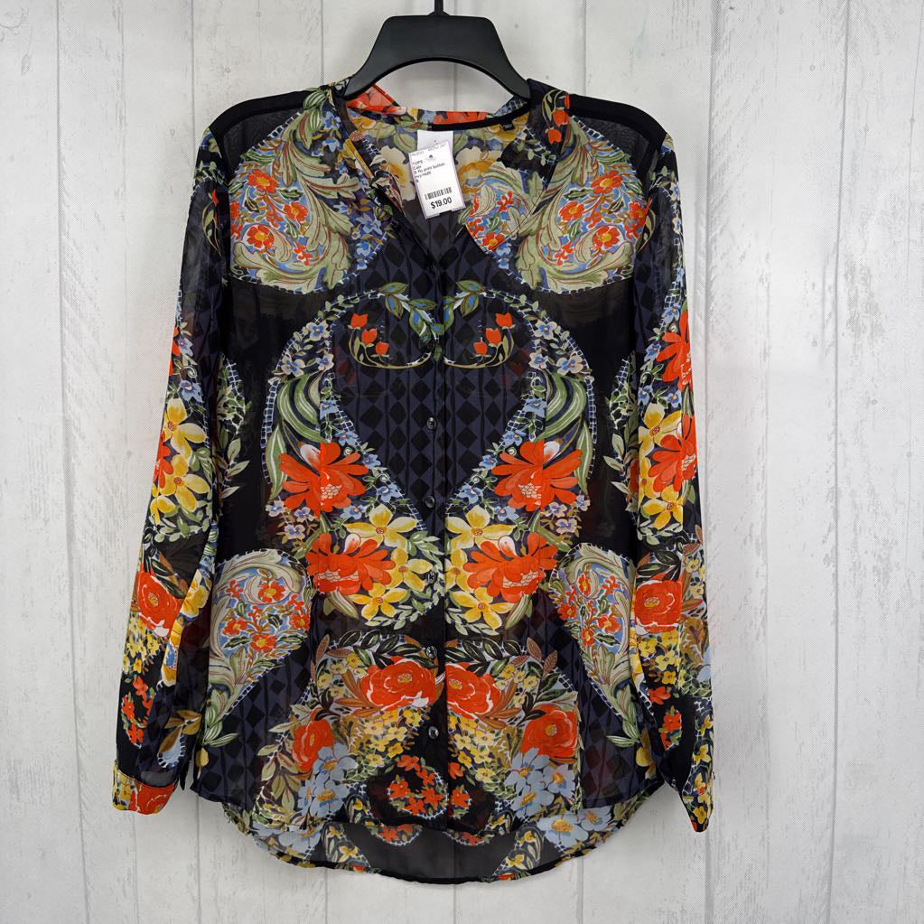 S flo print button down l/s top