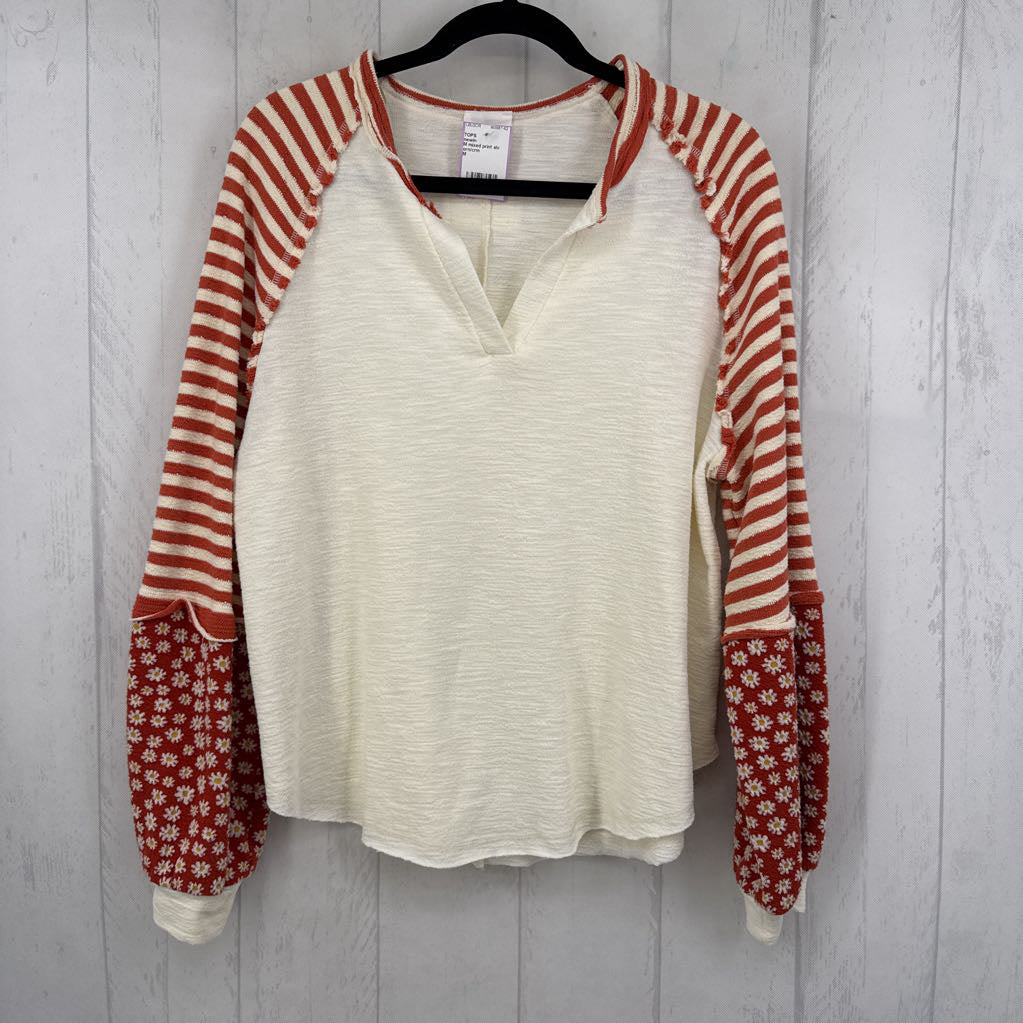 M mixed print slv notch neck l/s top