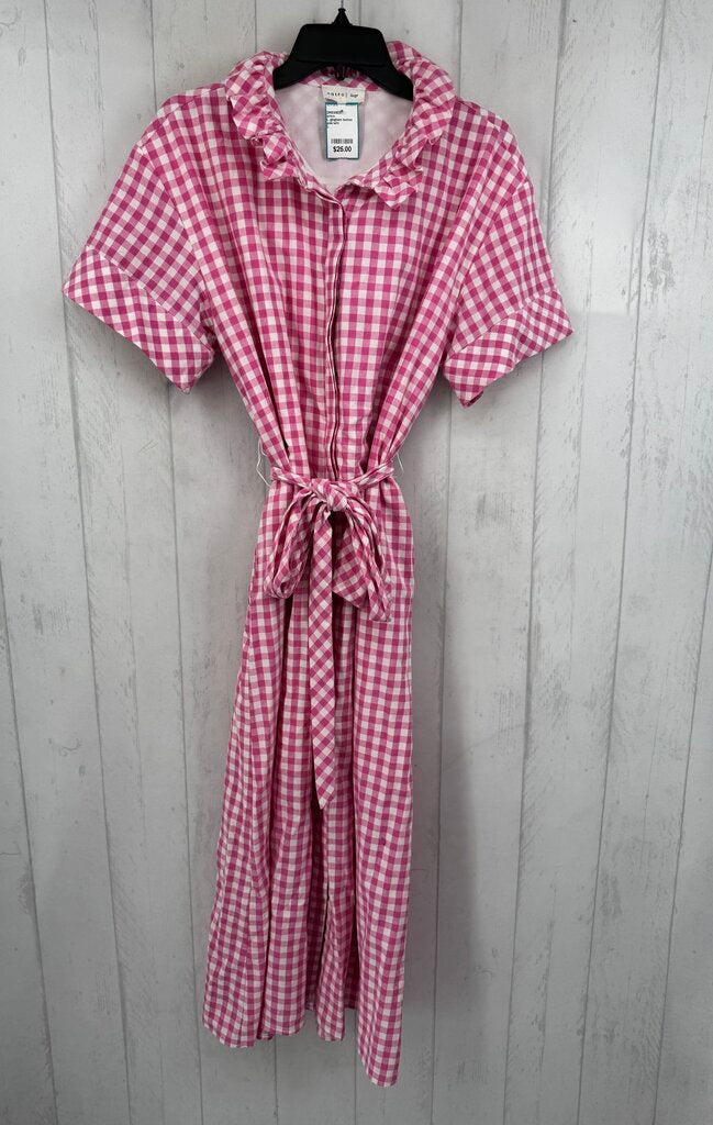 L gingham button front belted s/s dress
