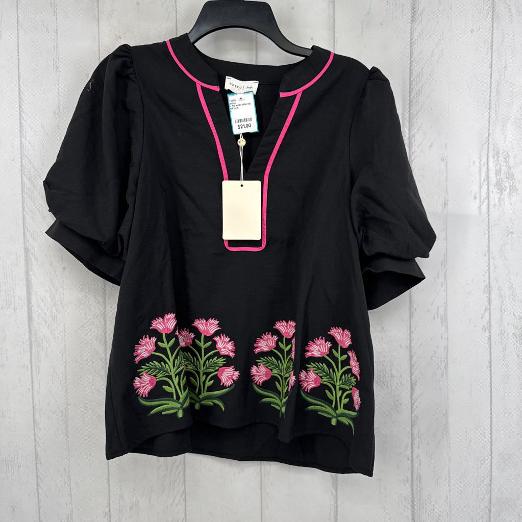 L flo embroidered split neck s/s top