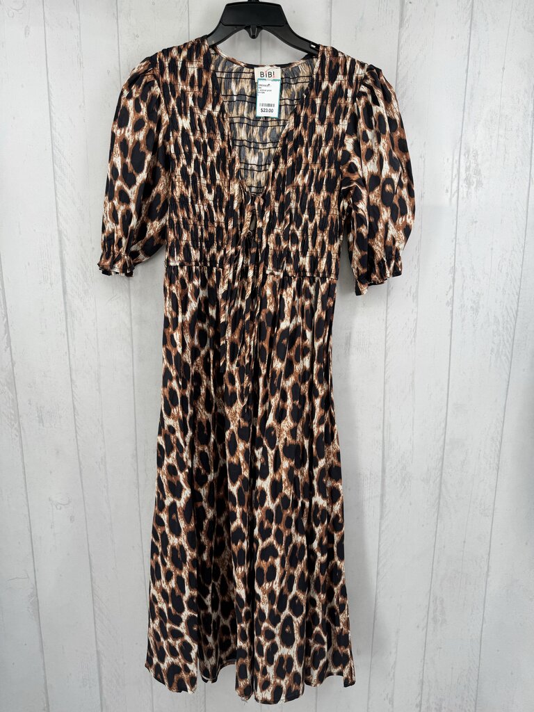 L animal print smocked tie front s/s dress