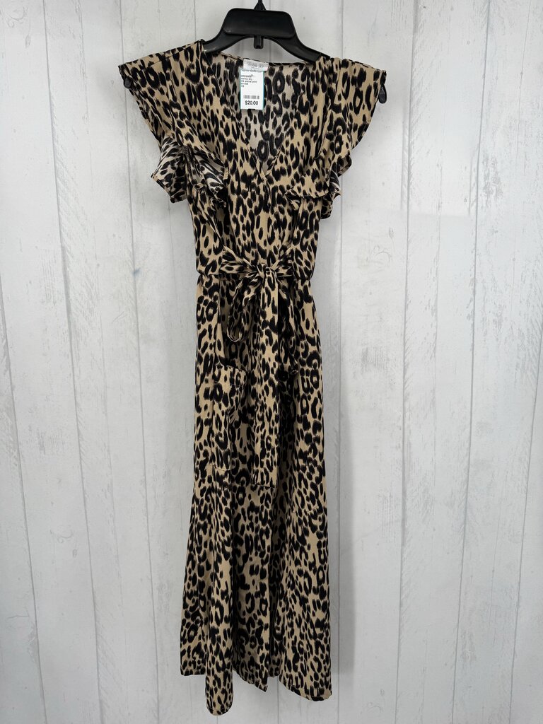 XS animal print button down belted flutter slv dress