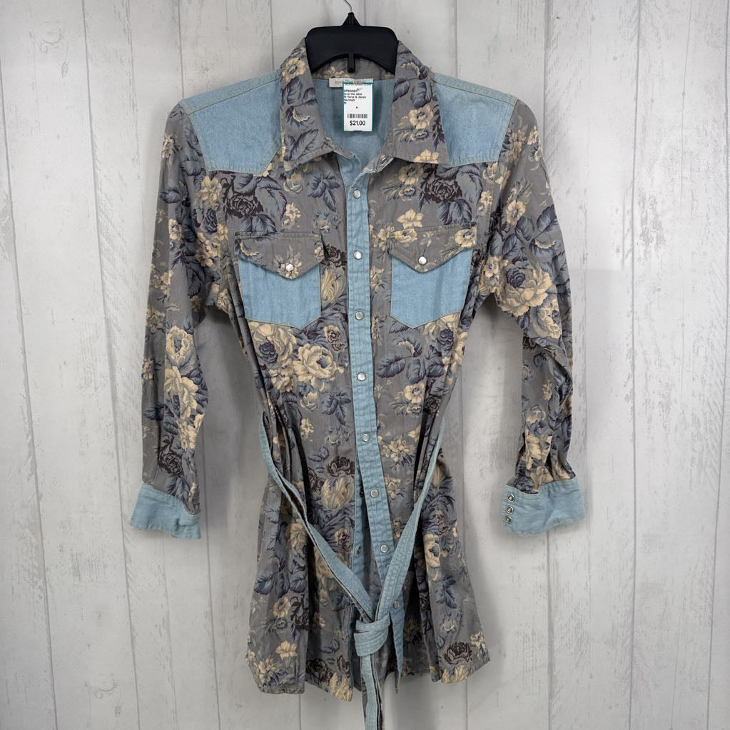M floral & denim button down l/s belted dress