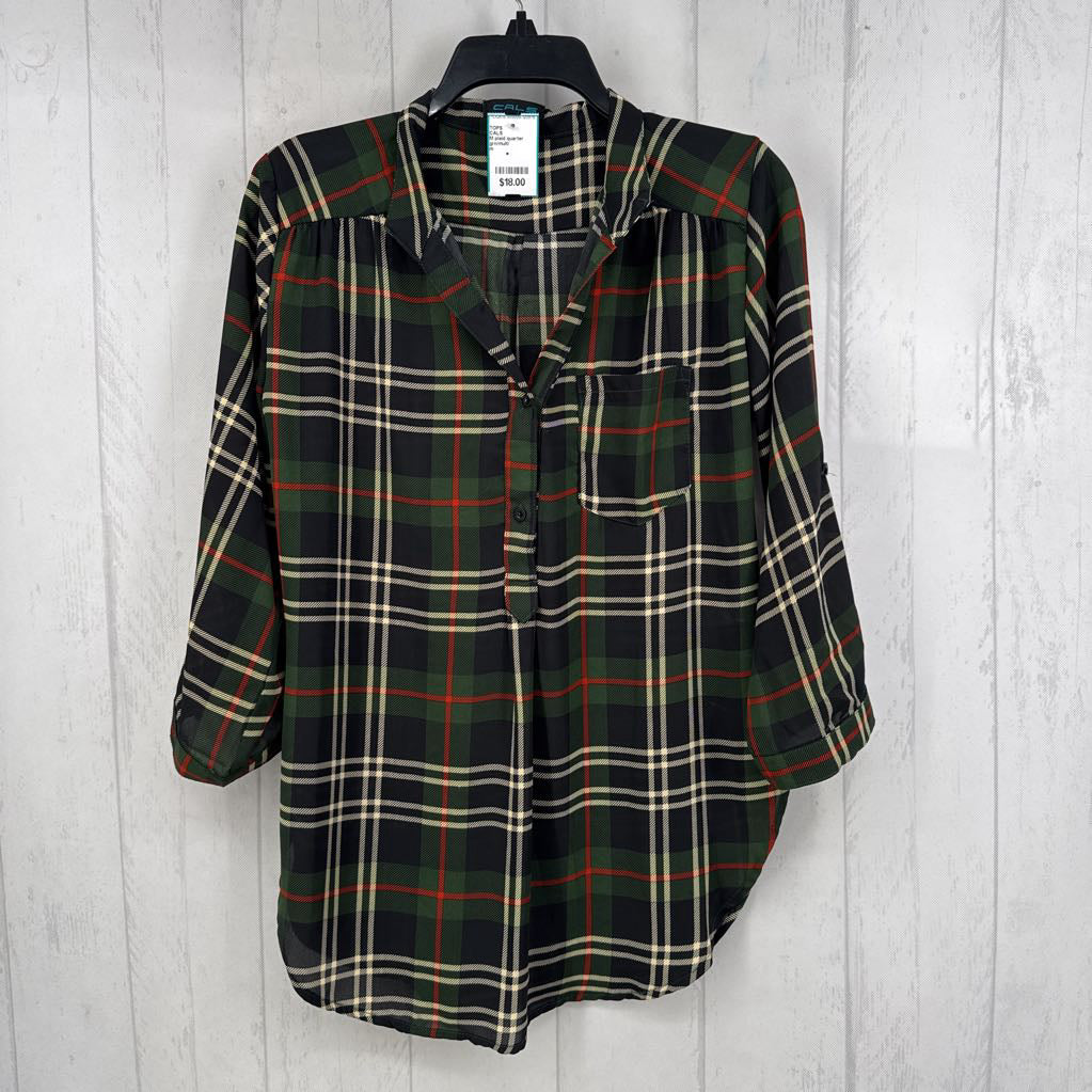 M plaid quarter button down 3/4 slv top