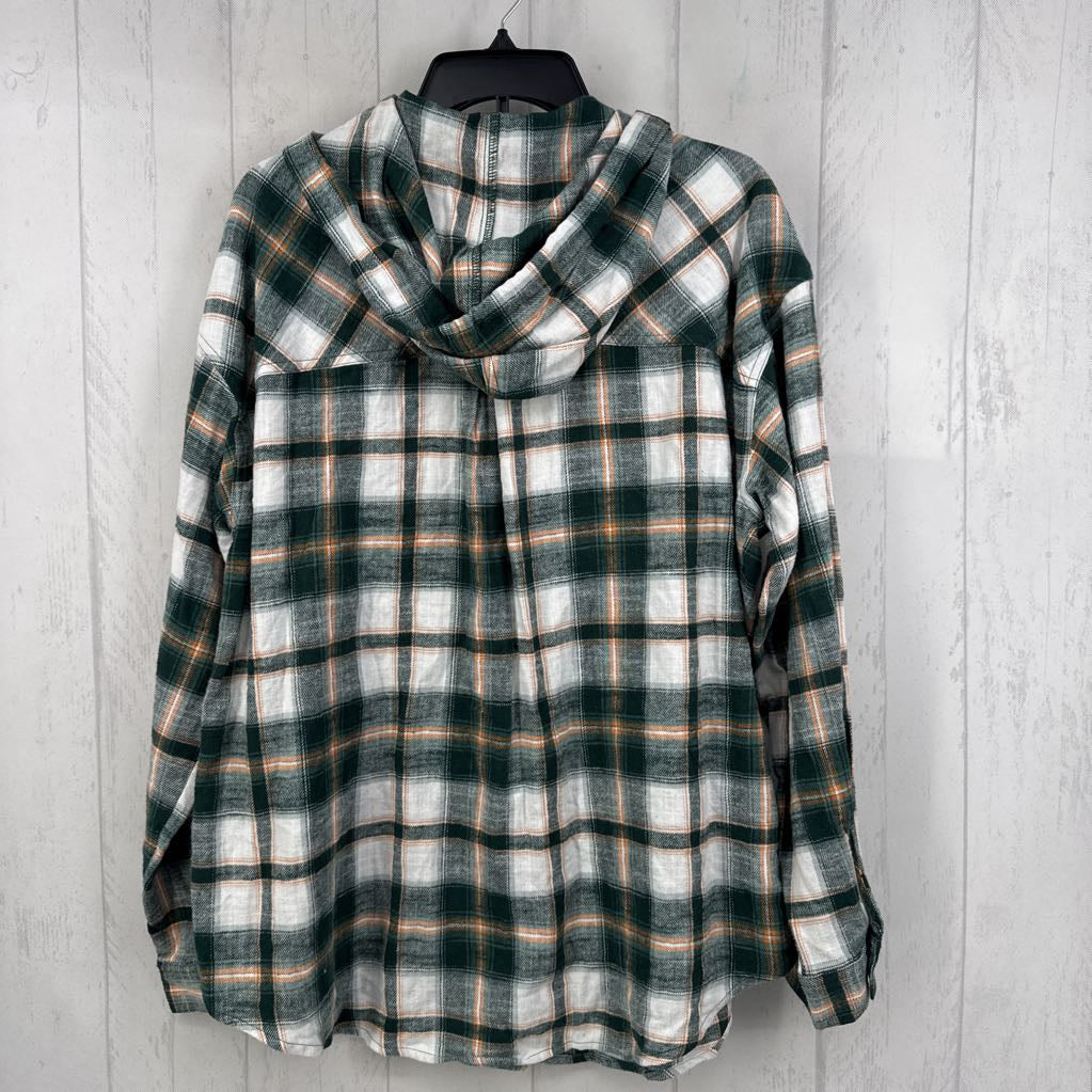 XL plaid hooded button down l/s top