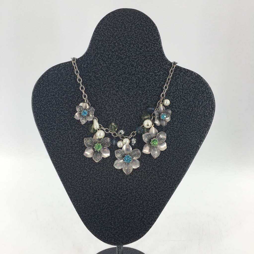 10" silver floral blue & green stone necklace