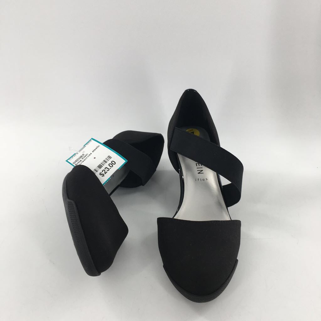 7 crisscross elastic strap wedge pumps