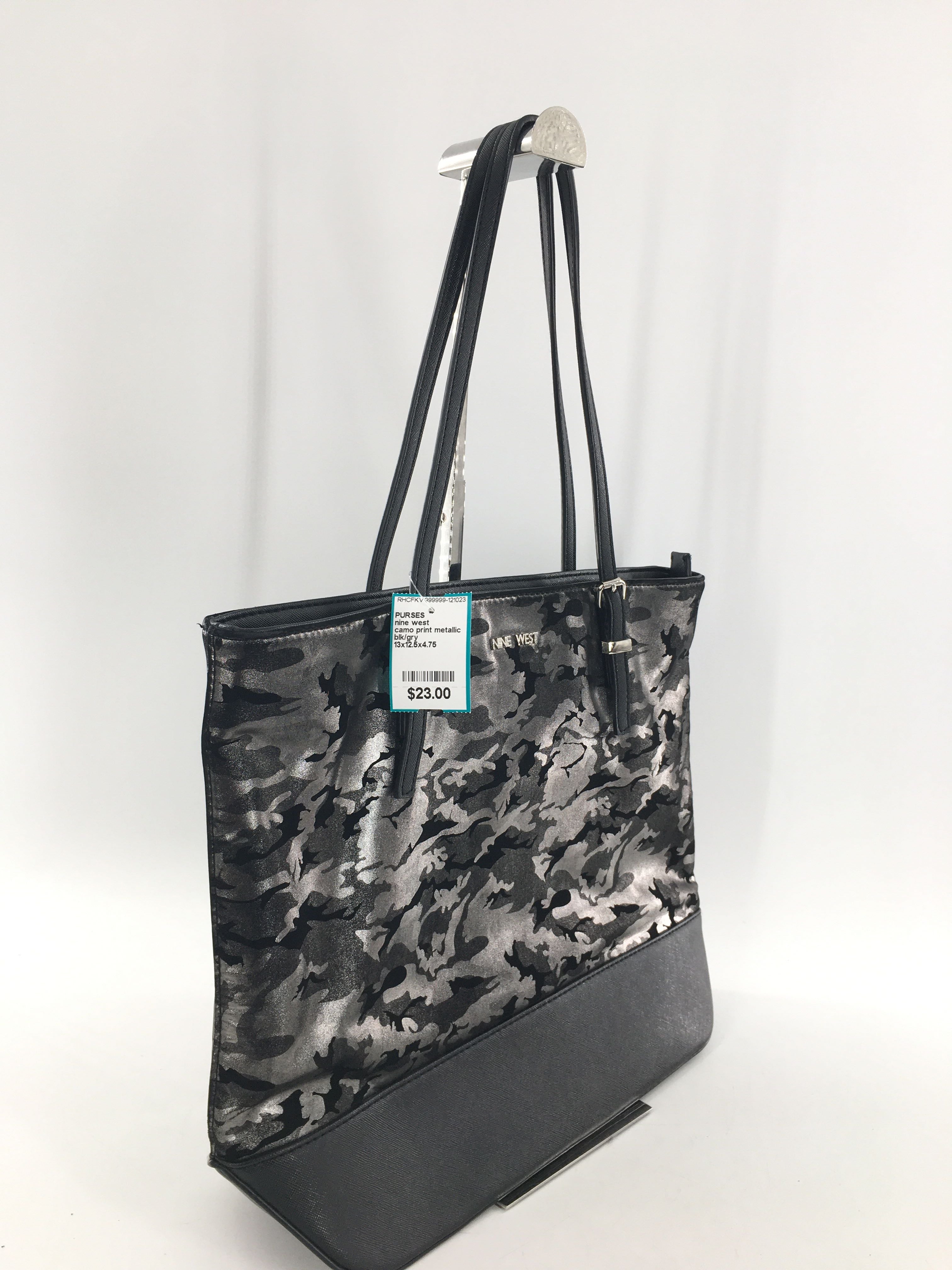 camo print metallic top zip tote