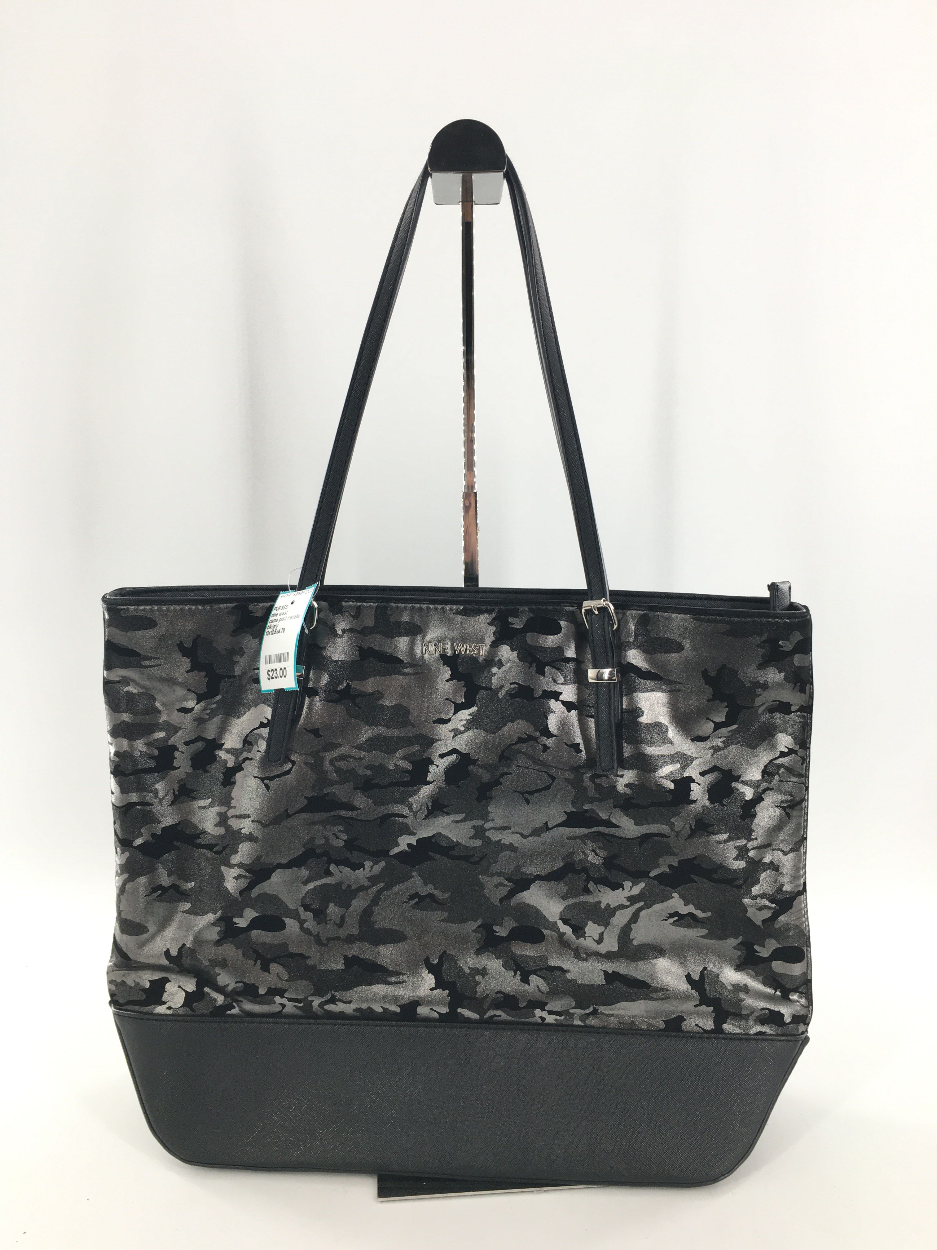 camo print metallic top zip tote