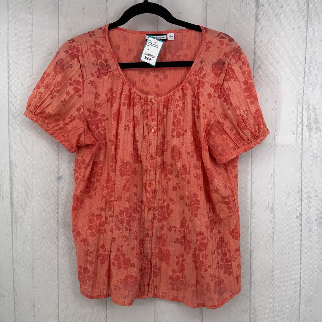 L flo print button down s/s top